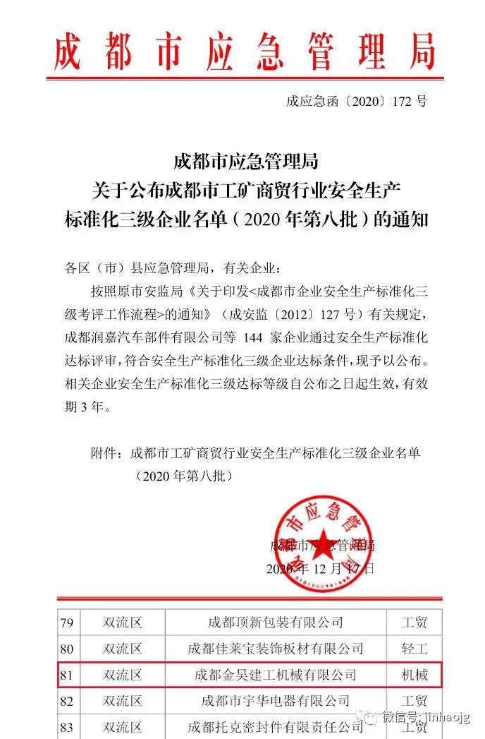 恭贺金昊建工被评为“成都市工矿商贸行业安全生产标准化三级企业”